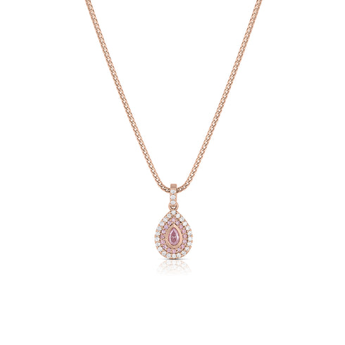 pink diamond pear shaped pendant necklace with pink diamond and white diamond pave surrounds, in rose gold <span class='visuallyhidden'>Call, text 323-404-2959 for shopping help.</span>