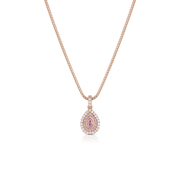 pink diamond pear shaped pendant necklace with pink diamond and white diamond pave surrounds, in rose gold <span class='visuallyhidden'>Call, text 323-404-2959 for shopping help.</span>