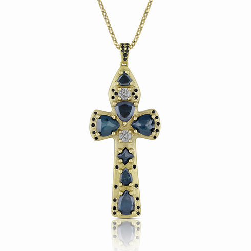 bespoke rounded cross pendant necklace<br>in blue and grey diamonds<br>with black diamond accents <span class='visuallyhidden'>Call or text 323-404-2959 if you need shopping assistance.</span>