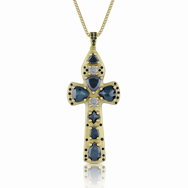 bespoke rounded cross pendant necklace<br>in blue and grey diamonds<br>with black diamond accents <span class='visuallyhidden'>Call or text 323-404-2959 if you need shopping assistance.</span>