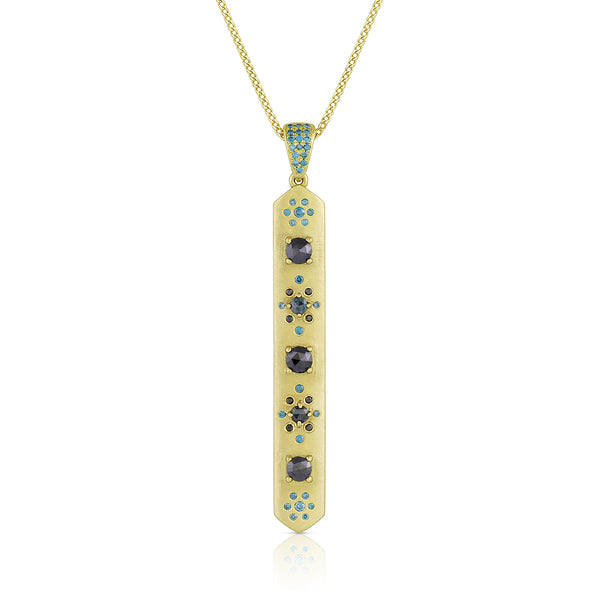 blue diamond, black diamond stick pendant necklace,<br>in brushed 18k yellow gold on an adjustable chain <span class='visuallyhidden'>Call or text 323-404-2959 if you need shopping assistance.</span>