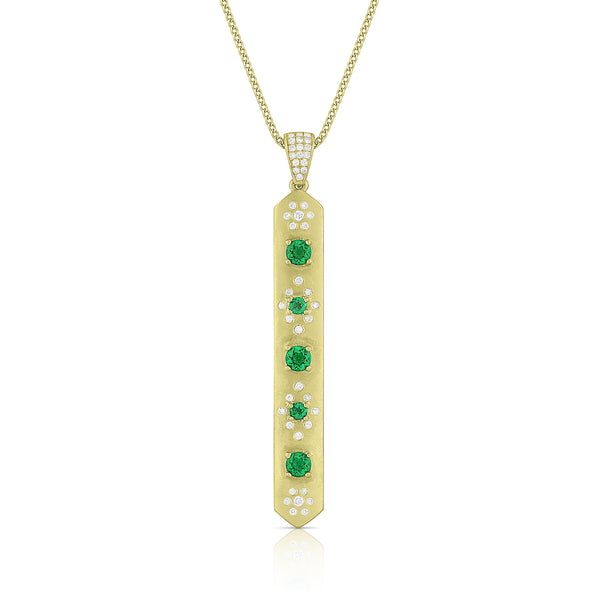 emerald and white diamond stick pendant necklace,<br>in brushed 18k yellow gold on an adjustable chain <span class='visuallyhidden'>Call or text 323-404-2959 if you need shopping assistance.</span>