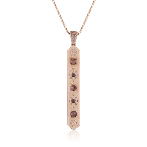 pink tourmaline and champagne diamond vertical baton pendant necklace, in rose gold <span class='visuallyhidden'>Call, text 323-404-2959 for shopping help.</span>