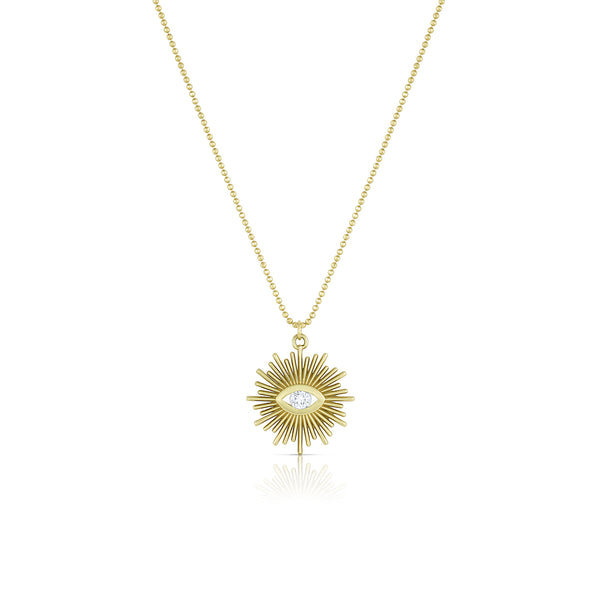 eye of providence pendant necklace<br>with diamond iris,<br>in yellow gold and on a delicate yellow gold chain <span class='visuallyhidden'>Call or text 323-404-2959 if you need shopping assistance.</span>
