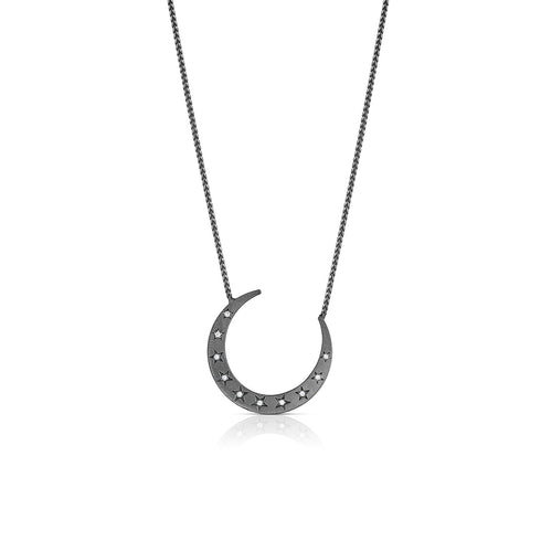 crescent moon and white diamond pendant necklace, in black gold <span class='visuallyhidden'>Call, text 323-404-2959 for shopping help.</span>