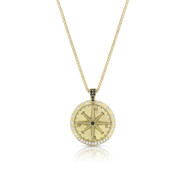 Intricate compass pendant necklace<br>in white and black diamonds and yellow gold <span class='visuallyhidden'>Call, text 323-404-2959 for shopping help.</span>