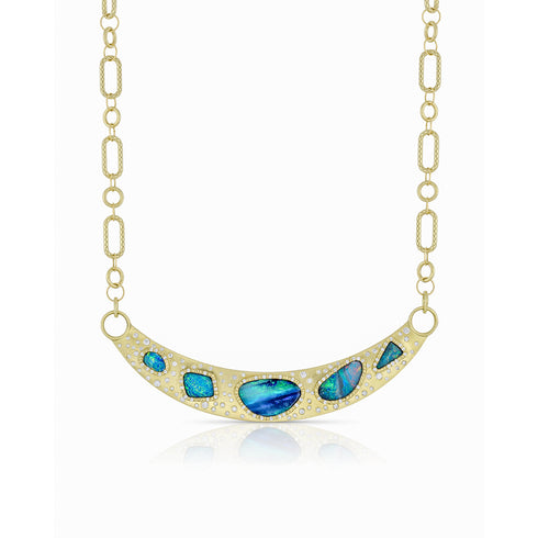 Show-stopping Australian opal and diamond curved bar choker with paperclip chain <span class='visuallyhidden'>Call or text 323-404-2959 if you need shopping assistance.</span>