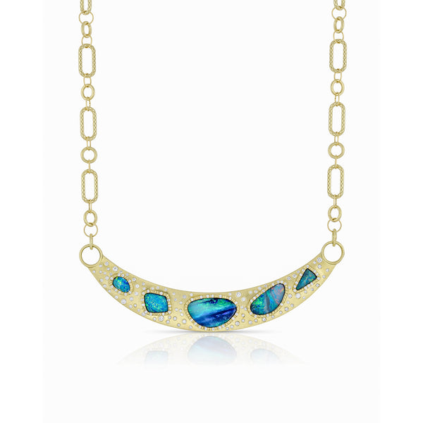 Show-stopping Australian opal and diamond curved bar choker with paperclip chain <span class='visuallyhidden'>Call or text 323-404-2959 if you need shopping assistance.</span>