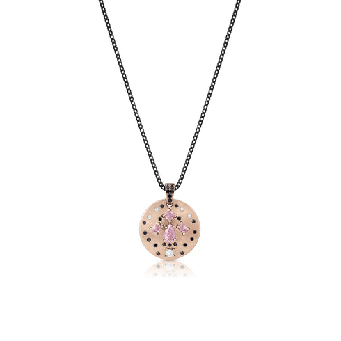pink diamond phoenix shield pendant necklace<br>adorned in white diamond, black diamond accents <span class='visuallyhidden'>Call or text 323-404-2959 if you need shopping assistance.</span>