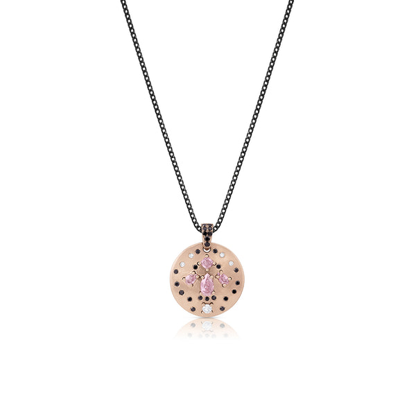 pink diamond phoenix shield pendant necklace<br>adorned in white diamond, black diamond accents <span class='visuallyhidden'>Call or text 323-404-2959 if you need shopping assistance.</span>