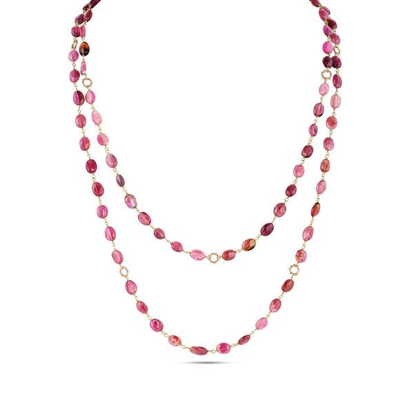 Dominique Cohen gemstone beads chain necklace, in pink tourmaline cabochon ovals and 18k rose gold <span class='visuallyhidden'>Call, text 323-404-2959 for shopping help.</span>
