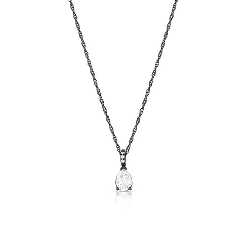 pear shaped white diamond pendant in a drop setting<br>with diamond-kissed bail and rope-style black gold chain <span class='visuallyhidden'>Call or text 323-404-2959 if you need shopping assistance.</span>