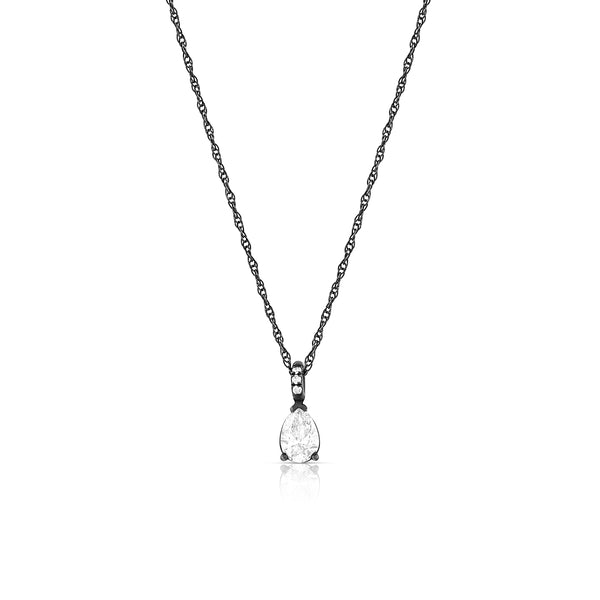 pear shaped white diamond pendant in a drop setting<br>with diamond-kissed bail and rope-style black gold chain <span class='visuallyhidden'>Call or text 323-404-2959 if you need shopping assistance.</span>