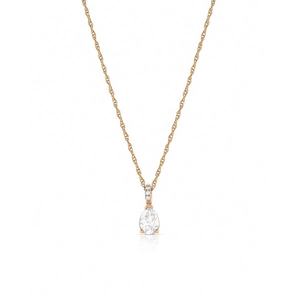 pear shaped white diamond pendant in a drop setting<br>with diamond-kissed bail and rope-style rose gold chain <span class='visuallyhidden'>Call or text 323-404-2959 if you need shopping assistance.</span>