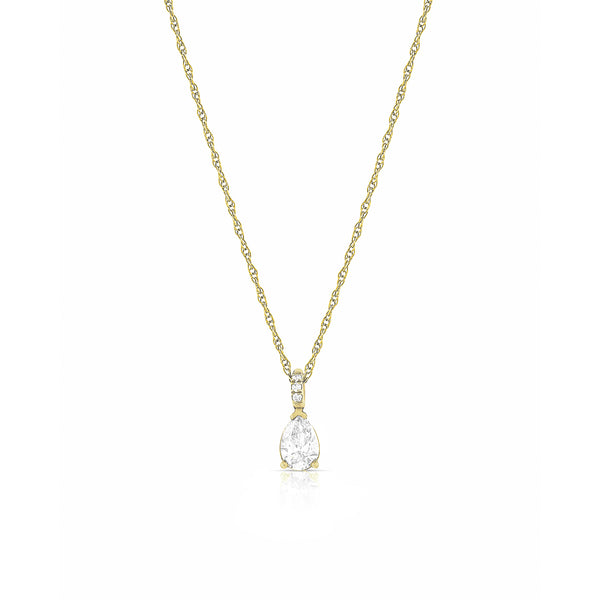 pear shaped white diamond pendant in a drop setting<br>with diamond-kissed bail and rope-style gold chain <span class='visuallyhidden'>Call or text 323-404-2959 if you need shopping assistance.</span>