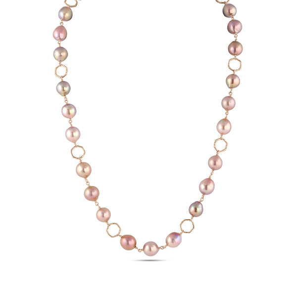high lustre pink pearl and hex link neclace in rose gold <span class='visuallyhidden'>Call, text 323-404-2959 for shopping help.</span>