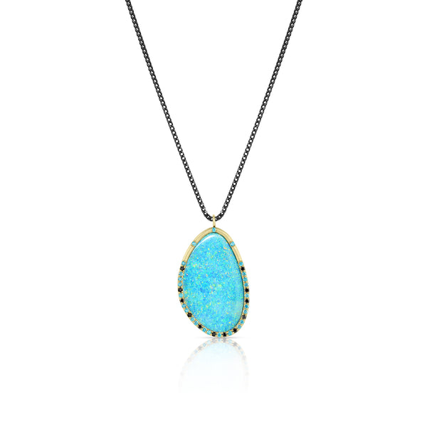 Australian opal, blue diamond, black diamond freeform pendant necklace, in yellow and black golds <span class='visuallyhidden'>Call, text 323-404-2959 for shopping help.</span>