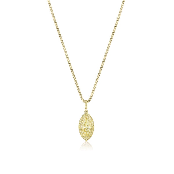 marquise cut natural lemon yellow pendant necklace<br>accented in yellow diamond double pave halos + yellow diamond kissed bail <span class='visuallyhidden'>Call or text 323-404-2959 if you need shopping assistance.</span>
