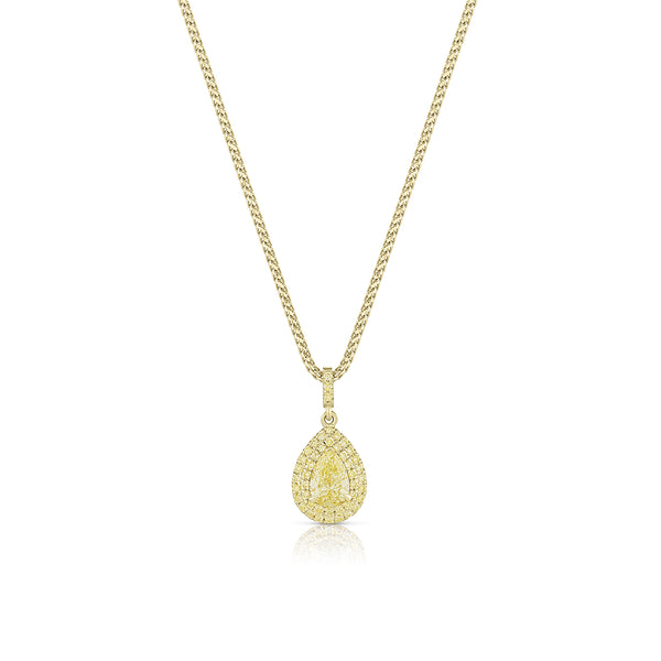 pear cut fancy yellow diamond pendant necklace in a raised setting<br>accented by two tiers of yellow diamond pave <span class='visuallyhidden'>Call or text 323-404-2959 if you need shopping assistance.</span>