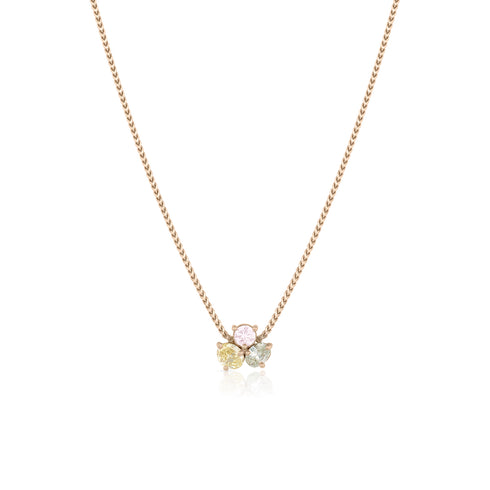 fancy round pink diamond nestled above an oval yellow diamond and an oval grey diamond, on an adjustable 18k rose gold chain<span class='visuallyhidden'>Call or text 323-404-2959 for shopping assistance</span>