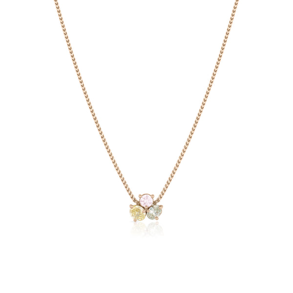 fancy round pink diamond nestled above an oval yellow diamond and an oval grey diamond, on an adjustable 18k rose gold chain<span class='visuallyhidden'>Call or text 323-404-2959 for shopping assistance</span>