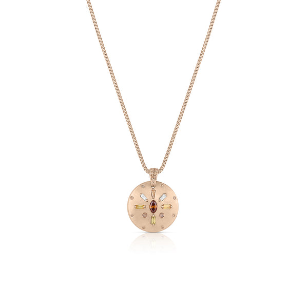 diamond shield pendant necklace in an array of natural hues<br>artfully laid out in a sunburst pattern <span class='visuallyhidden'>Call or text 323-404-2959 if you need shopping assistance.</span>
