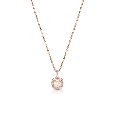 cushion cut pale champagne diamond choker pendant necklace<br>framed in relief by two halos of pink diamond pave that continues up the bail <span class='visuallyhidden'>Call or text 323-404-2959 if you need shopping assistance.</span>