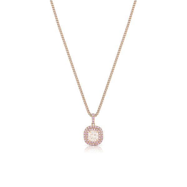 cushion cut pale champagne diamond choker pendant necklace<br>framed in relief by two halos of pink diamond pave that continues up the bail <span class='visuallyhidden'>Call or text 323-404-2959 if you need shopping assistance.</span>