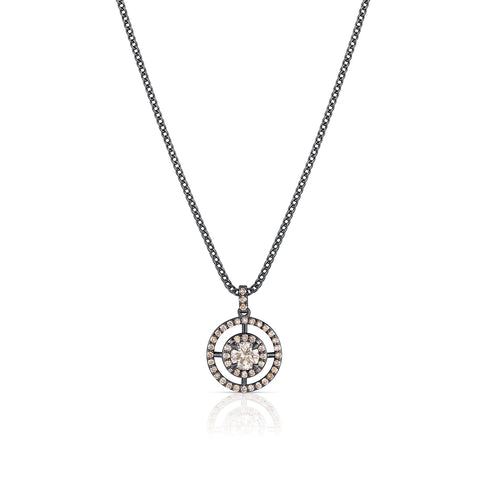 chic, architectural champagne diamond and blackened gold<br>open halo pendant necklace <span class='visuallyhidden'>Call or text 323-404-2959 if you need shopping assistance.</span>