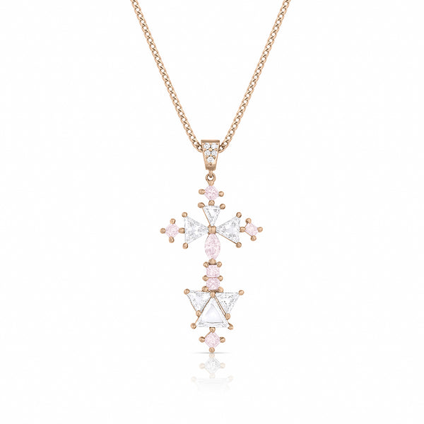 one of a kind light pink diamond and white diamond cross pendant necklace <span class='visuallyhidden'>Call or text 323-404-2959 for shopping assistance</span>