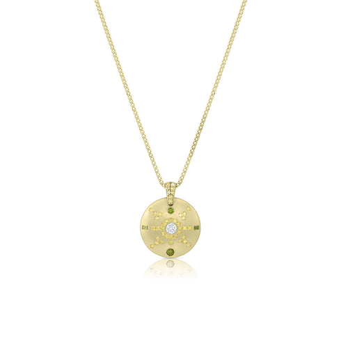 green diamond, yellow diamond, white diamond<br>18k yellow gold convex shield pendant necklace <span class='visuallyhidden'>Call or text 323-404-2959 if you need shopping assistance.</span>