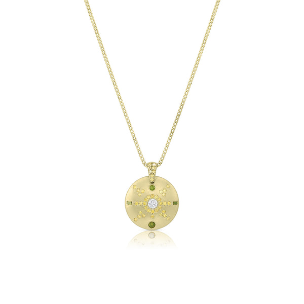 green diamond, yellow diamond, white diamond<br>18k yellow gold convex shield pendant necklace <span class='visuallyhidden'>Call or text 323-404-2959 if you need shopping assistance.</span>