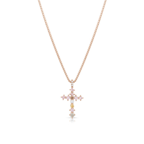 one of a kind pink diamond + mixed fancy amber to yellow diamonds<br>cross pendant necklace in 18k rose gold <span class='visuallyhidden'>Call or text 323-404-2959 if you need shopping assistance.</span>