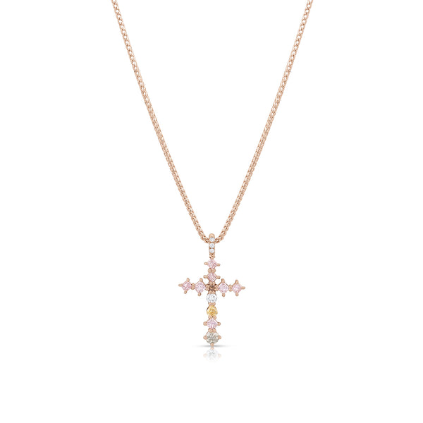 one of a kind pink diamond + mixed fancy amber to yellow diamonds<br>cross pendant necklace in 18k rose gold <span class='visuallyhidden'>Call or text 323-404-2959 if you need shopping assistance.</span>