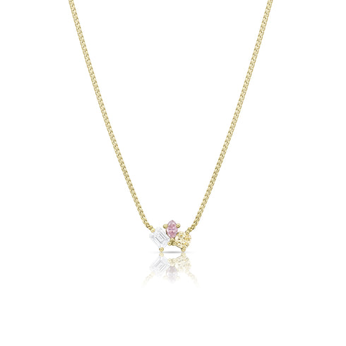 white diamond, pink diamond, yellow diamond cluster pendant<br>in 18k yellow gold with adjustable 18 inch chain <span class='visuallyhidden'>Text, phone 323-404-2959 for shopping assistance.</span>