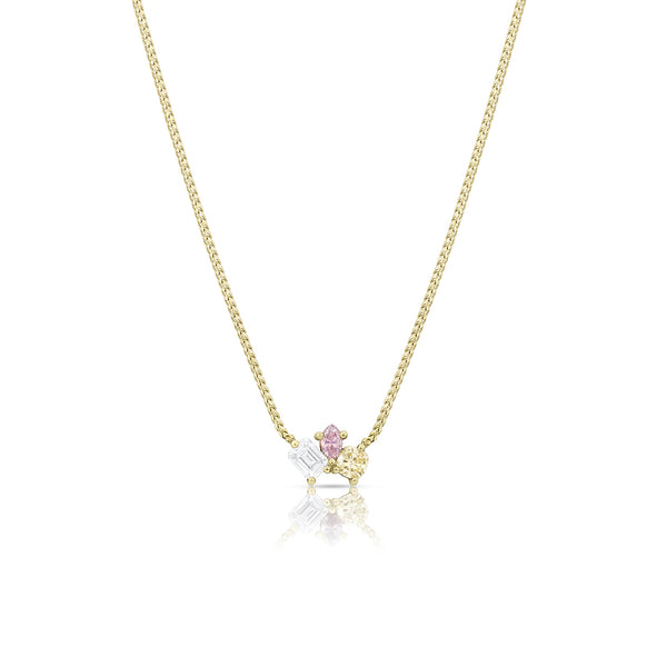 white diamond, pink diamond, yellow diamond cluster pendant<br>in 18k yellow gold with adjustable 18 inch chain <span class='visuallyhidden'>Text, phone 323-404-2959 for shopping assistance.</span>