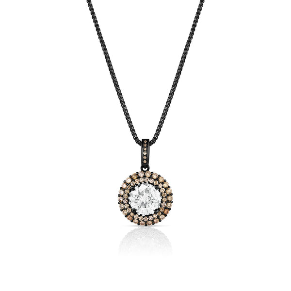 white diamond, champagne diamond round pendant necklace<br>in hot 14k and 18k black golds <span class='visuallyhidden'>Call or text 323-404-2959 if you need shopping assistance.</span>