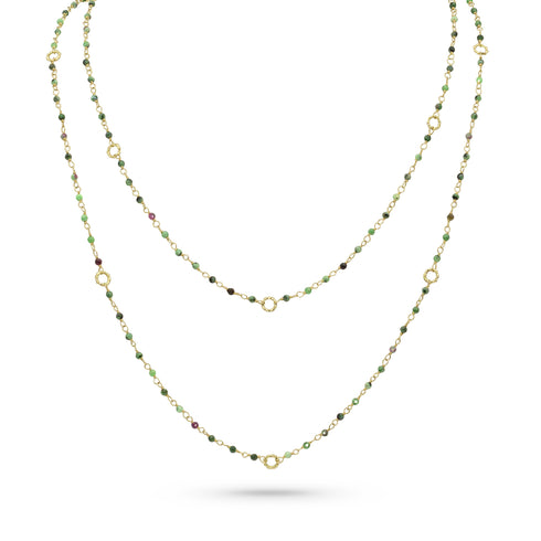 Dominique Cohen 2mm gemstone beads delicate chain necklace, in mixed tourmaline and 18k yellow gold <span class='visuallyhidden'>Call, text 323-404-2959 for shopping help.</span>