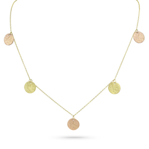 The original five-coin necklace by Dominique Cohen, as worn on The Newsroom, in 18k rose and yellow golds <span class='visuallyhidden'>Call, text 323-404-2959 for shopping help.</span>