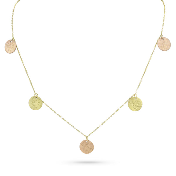 The original five-coin necklace by Dominique Cohen, as worn on The Newsroom, in 18k rose and yellow golds <span class='visuallyhidden'>Call, text 323-404-2959 for shopping help.</span>