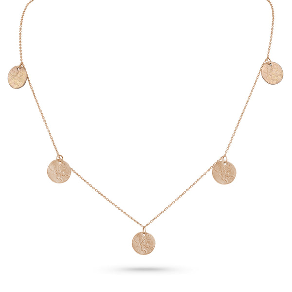 The original five-coin necklace by Dominique Cohen, as worn on The Newsroom, here in all 18k rose gold <span class='visuallyhidden'>Call, text 323-404-2959 for shopping help.</span>