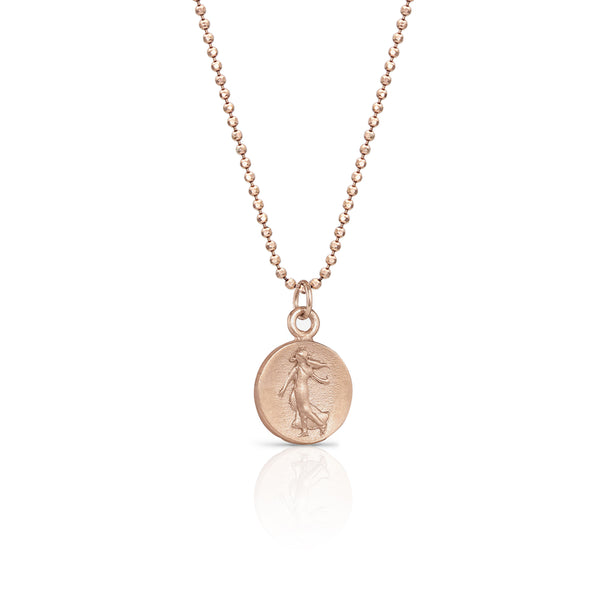 Dominique Cohen petite goddess coin delicate pendant necklace, in 18k rose gold <span class='visuallyhidden'>Call, text 323-404-2959 for shopping help.</span>