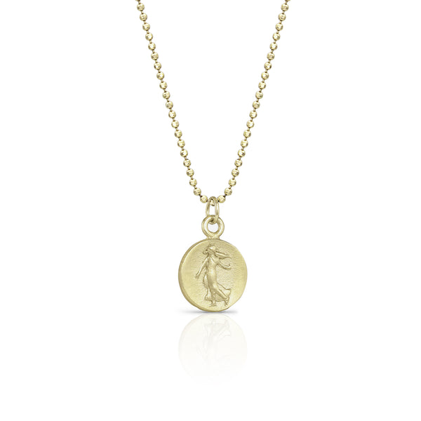 Dominique Cohen petite goddess coin delicate pendant necklace, in 18k yellow gold <span class='visuallyhidden'>Call, text 323-404-2959 for shopping help.</span>