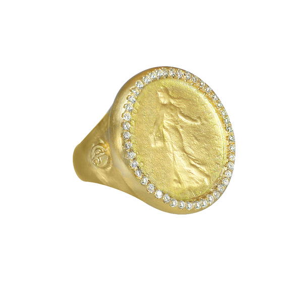 Classic Dominique Cohen goddess ring with diamond surround, in 18k yellow gold <span class='visuallyhidden'>Call, text 323-404-2959 for shopping help.</span>
