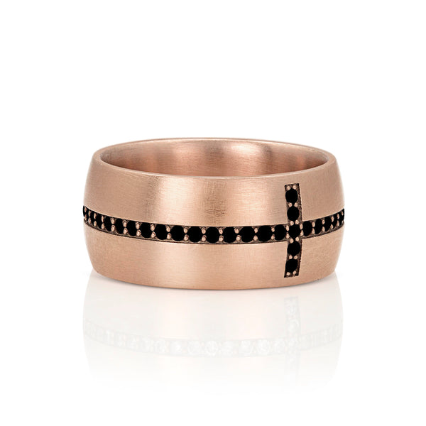 diamond eternity cross cigar band ring, in black diamonds and 18k rose gold <span class='visuallyhidden'>Call, text 323-404-2959 for shopping help.</span>