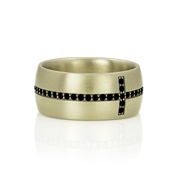 diamond eternity cross cigar band ring, in black diamonds and 18k yellow gold <span class='visuallyhidden'>Call, text 323-404-2959 for shopping help.</span>