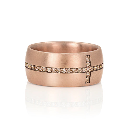 diamond eternity cross cigar band ring, in champagne diamonds and 18k rose gold <span class='visuallyhidden'>Call, text 323-404-2959 for shopping help.</span>