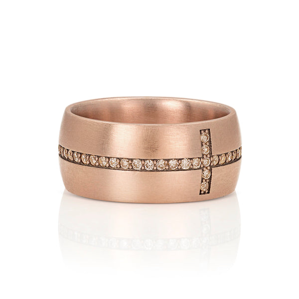 diamond eternity cross cigar band ring, in champagne diamonds and 18k rose gold <span class='visuallyhidden'>Call, text 323-404-2959 for shopping help.</span>