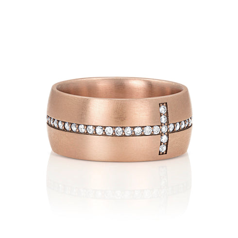 diamond eternity cross cigar band ring, in white diamonds and 18k rose gold <span class='visuallyhidden'>Call, text 323-404-2959 for shopping help.</span>
