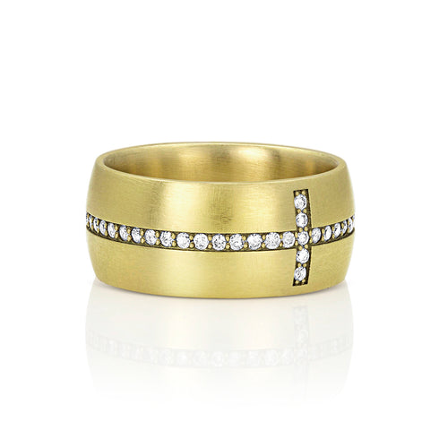 diamond eternity cross cigar band ring, in white diamonds and 18k yellow gold <span class='visuallyhidden'>Call, text 323-404-2959 for shopping help.</span>